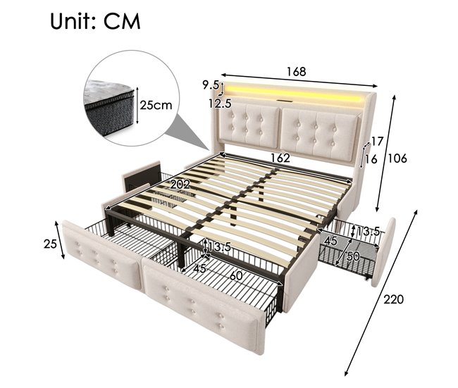 Camas de matrimonio 168x220 Beige