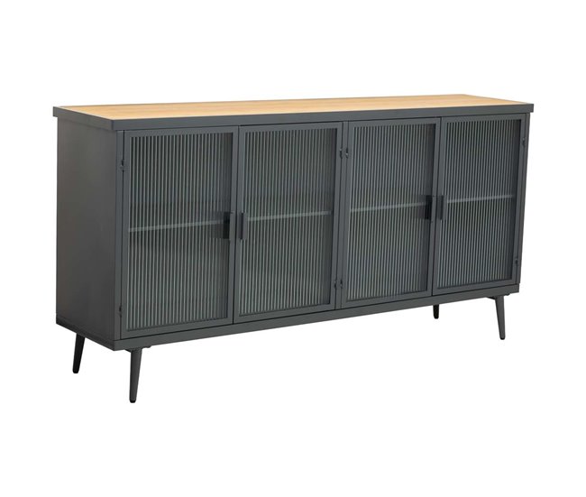 Aparador de metal y madera con vidrio, Negro