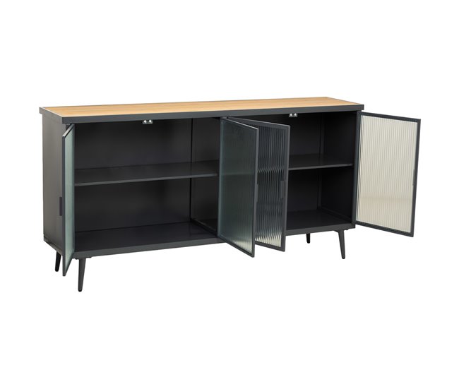 Aparador de metal y madera con vidrio, Negro
