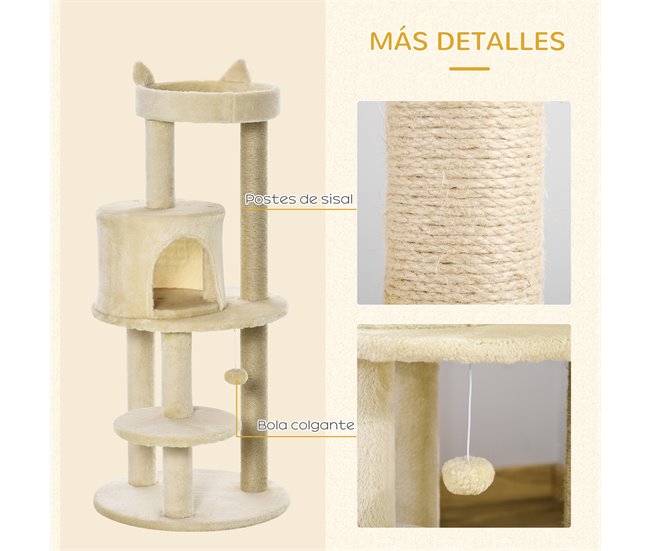 Árbol para Gatos Aglomerado de Madera, Felpa, Sisal PawHut Crema