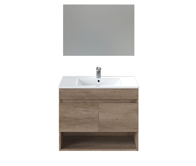 Mueble baño suspendido Clara 2 puertas, espejo y lavabo PMMA, Nordik Madera