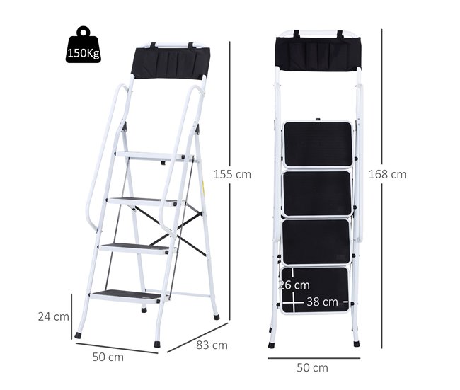 Escalera Plegable Metal, Acero HOMCOM Blanco/ Negro