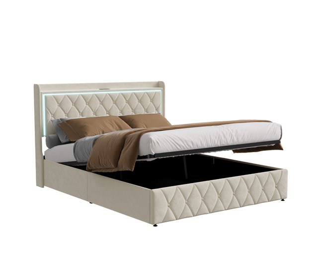 Cama LED, elevación gas, puertos USB/C Beige