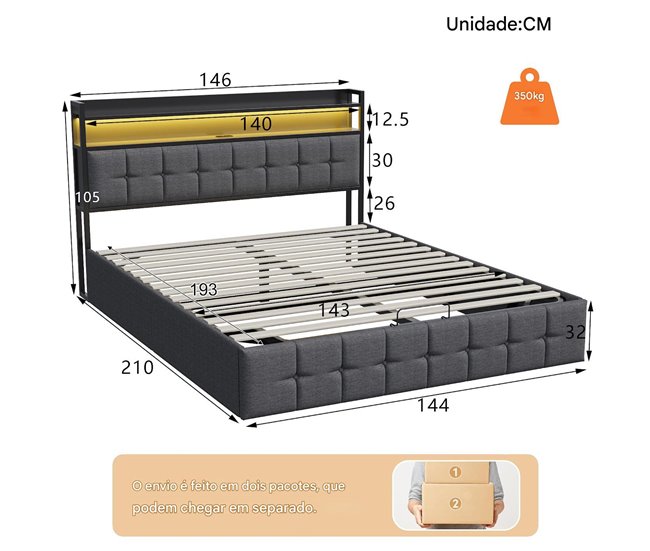 Cama LED RGB, USB-C, depósito gas, tela lino Gris