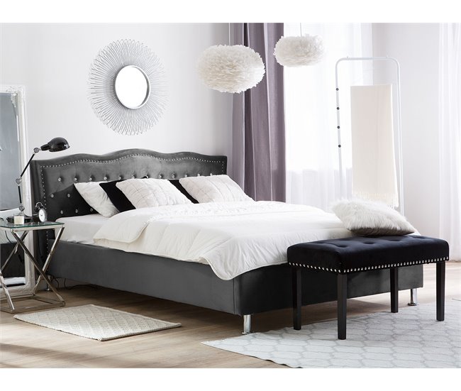 Beliani Cama con somier Terciopelo METZ 168x217 Gris Oscuro