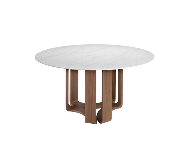 ANGEL CERDA Mesa comedor redonda mármol porcelánico y nogal 150x150 Natural/ Blanco