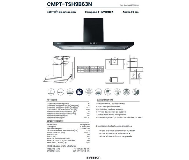 INFINITON Campana de Pared CMPT-TSH9B63N, 400 m3/h, T-Invertida Negro