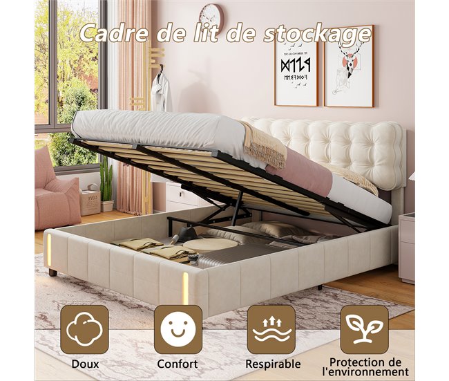 Cama contenedor acolchado, somier LED, láminas Beige