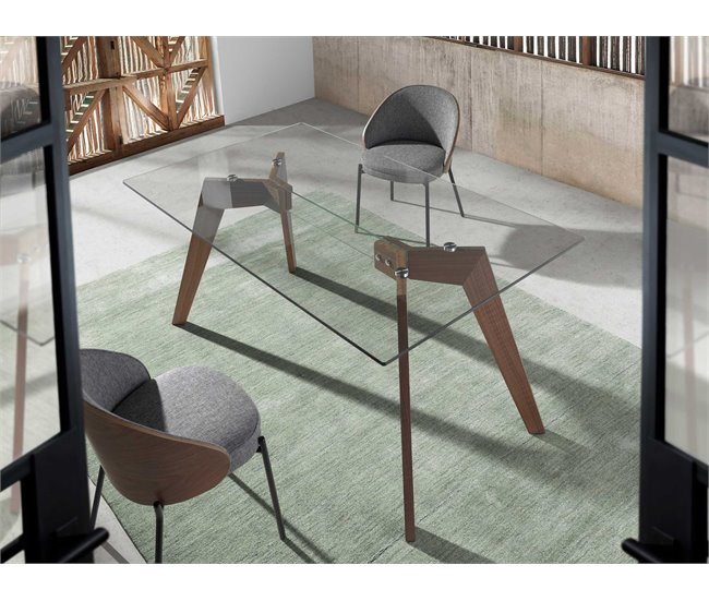 ANGEL CERDA Mesa comedor rectangular cristal templado y nogal Nogal