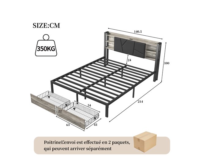 Cama doble con USB, 2 cajones, cabecero PU y LED Negro