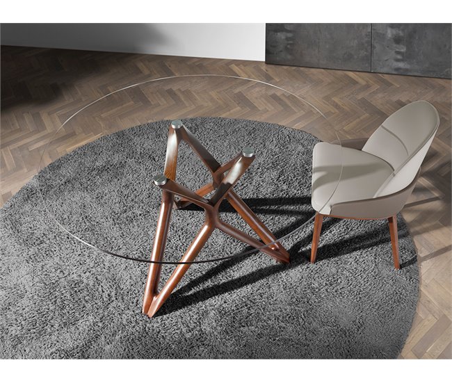 ANGEL CERDA Mesa comedor redonda cristal templado y nogal 130x130 Nogal