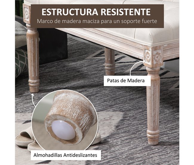 Taburete para Pie de Cama Poliéster, Espuma y Madera de Caucho Crudo