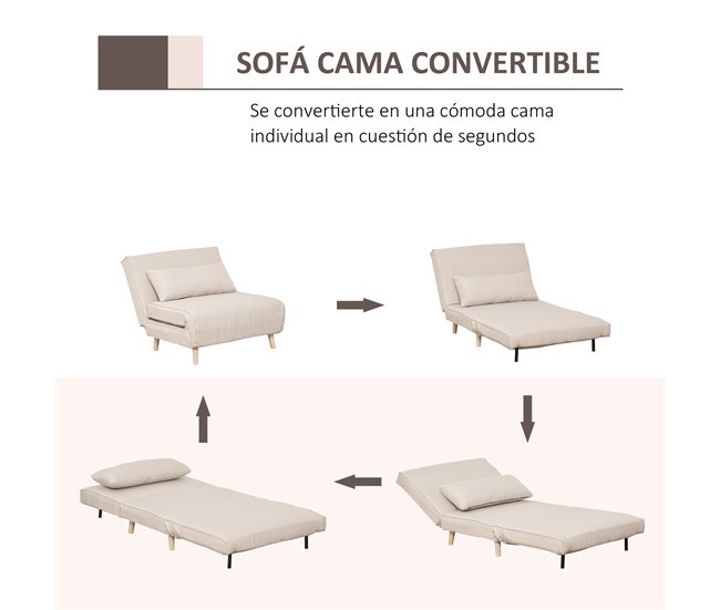 Sofá Cama Poliéster con Tacto de Lino, Madera de Caucho HOMCOM Crudo