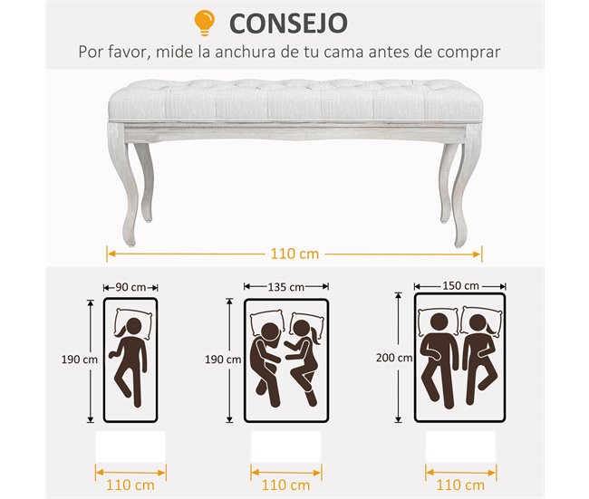 Banco de Cama Poliéster, Madera de Caucho HOMCOM Crudo