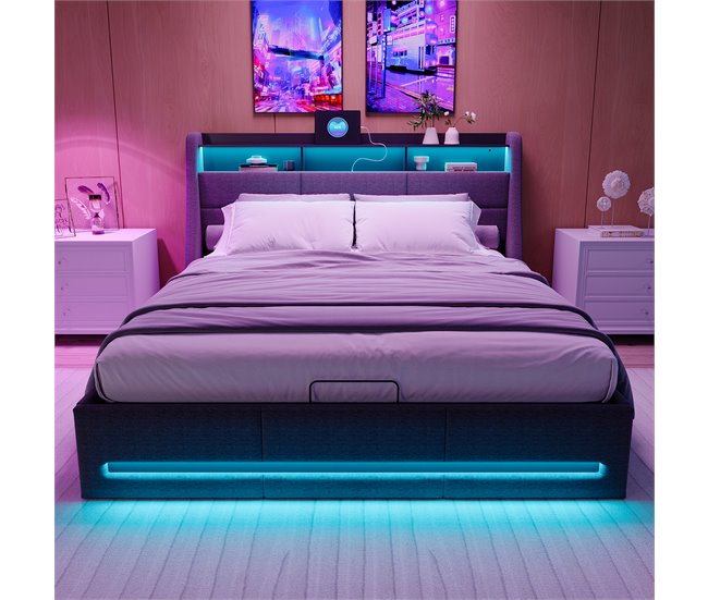 Cama doble, cama LED, USB 152x195 Gris