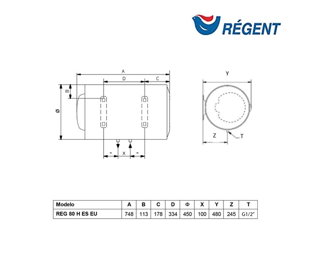 Termo eléctrico, Regent, Regent 80 litros, Horizontal Blanco Brillo