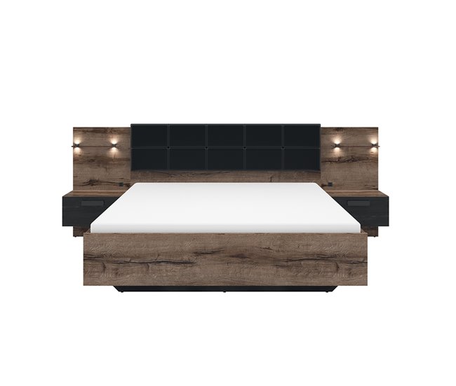 Cama canapé con somier, mesita de noche LED y toma USB Romane Madera