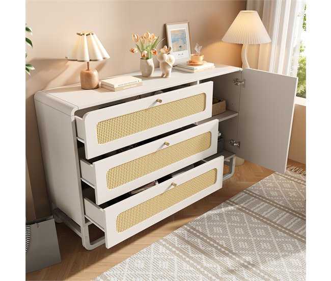 Aparador con 1 puerta y 3 cajónes Natural/ Blanco