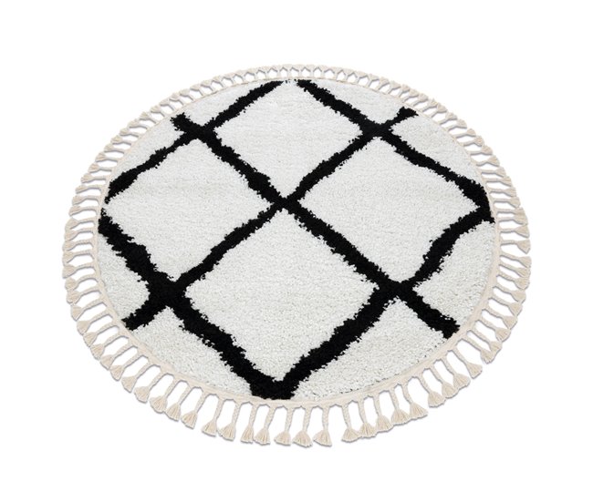 Alfombra BERBER CROSS Franjas Bereber Marroquí Shaggy 160x160 Blanco/ Gris
