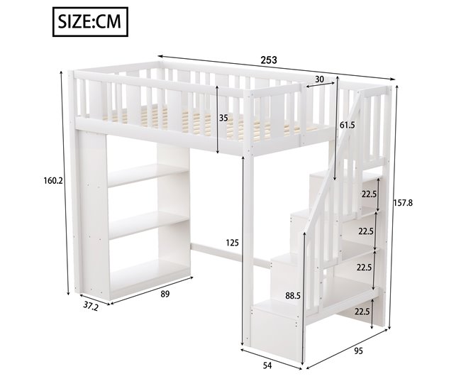 Cama alta para niños 95x253 Blanco