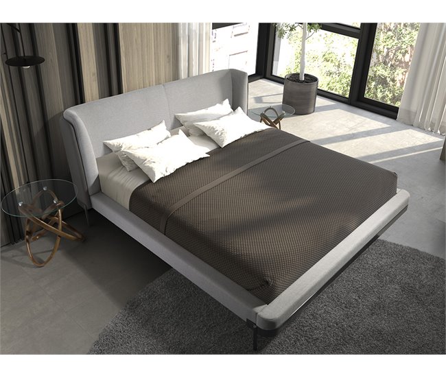 Cama matrimonio tapizada en tela Gris Claro