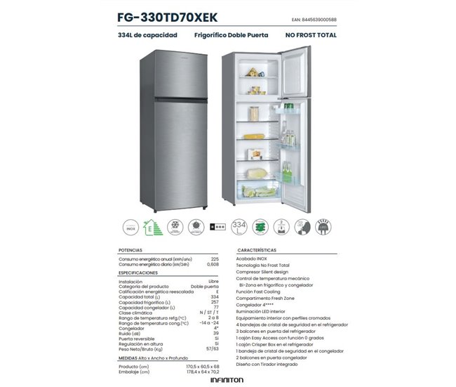 Frigorifico Dos Puertas Infiniton FG-330TD70XEK, 334L Inox
