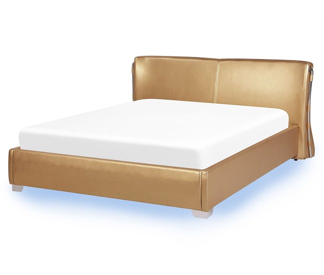 Beliani Cama LED Piel PARIS 195x228 Dorado