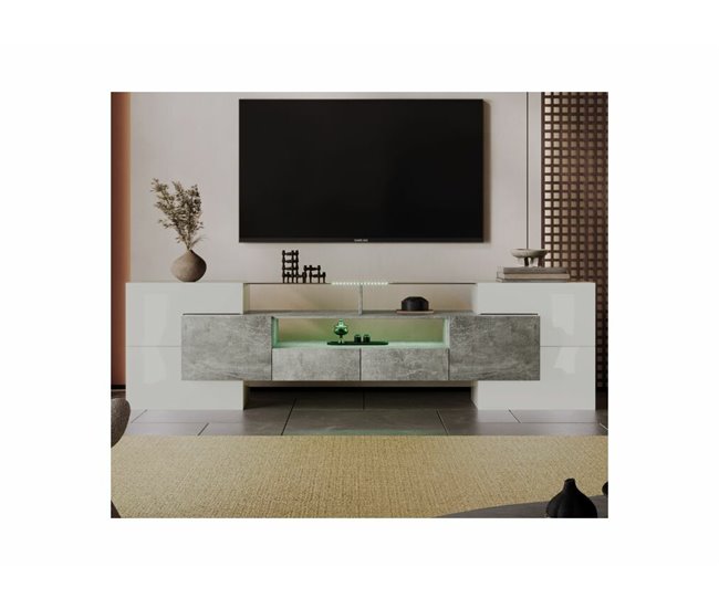 Elegante mueble de TV con iluminación LED Blanco/ Plateado