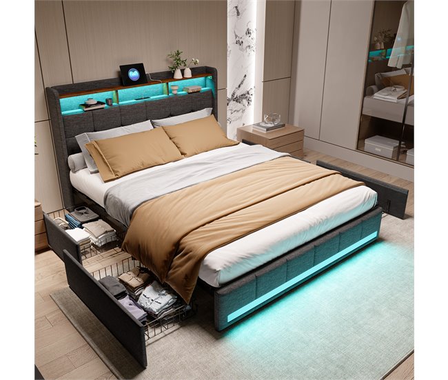 Cama tapizada, luces LED, puertos USB, puerto Tipo C, 4 cajones Gris
