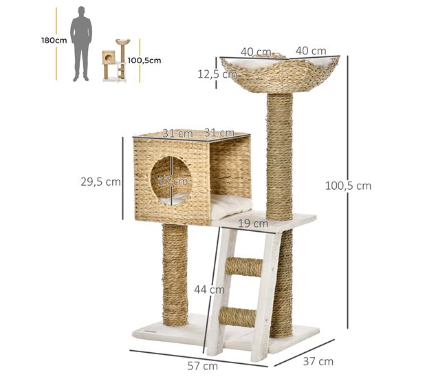 Árbol para Gatos Aglomerado de Madera, Totora, Poliéster PawHut Marron