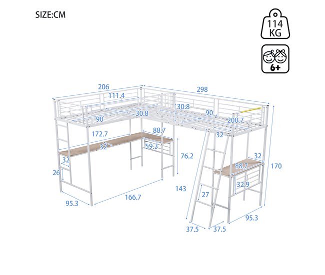 Cama alta para niños 206x298 Blanco