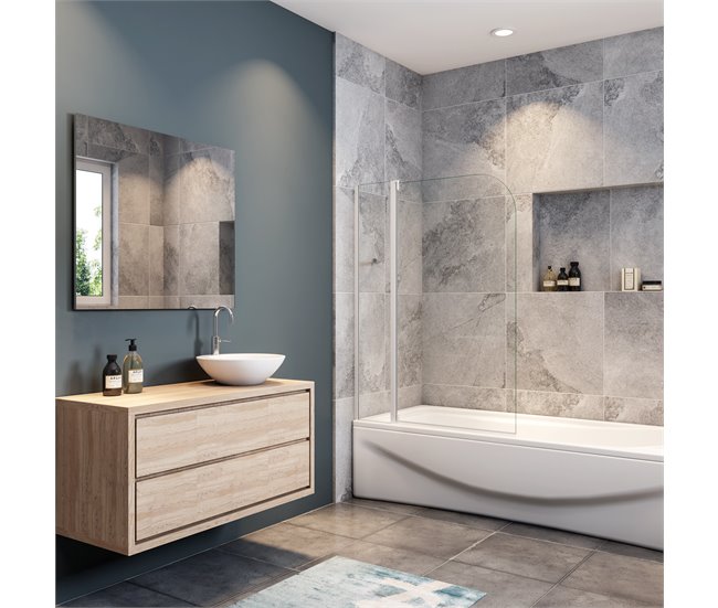 Mampara de Bañera Abatible,Vidrio Templado 4mm,Altura 140cm Blanco/ Gris