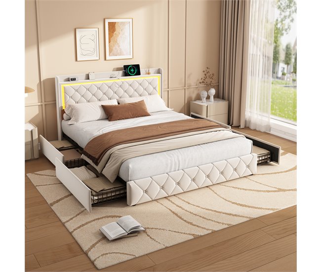 Cama LED, puertos USB, elevación gas Beige