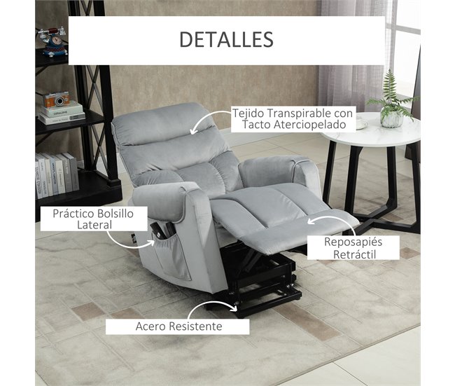 Sillón de Masaje Levantapersonas Poliéster, Espuma y Acero HOMCOM Gris