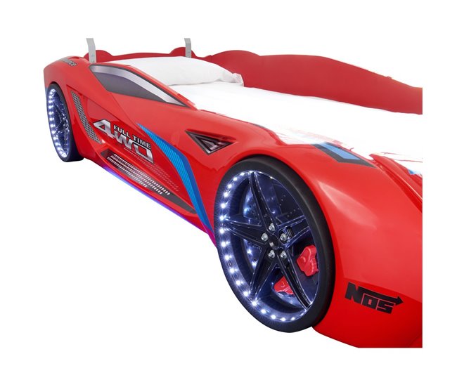 Cama coche LE MANS 90x190cm con luces led Rojo