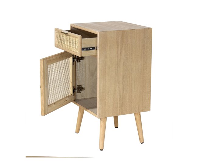 Mesita de noche con rejilla de ratán natural Madera