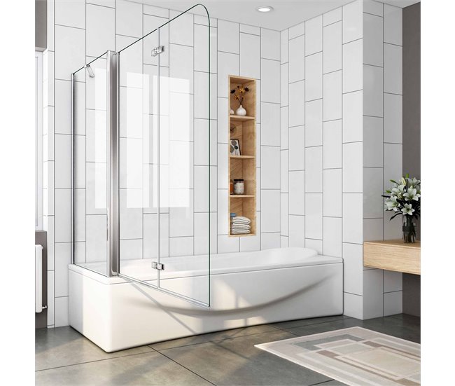 Mampara de Bañera Plegable,2 Hojas+Panel Fijo,Vidrio Templado 6mm Antical,Altura 140cm,Ancho 2cm ajustable 