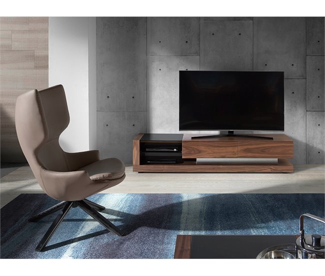 Mueble TV nogal, acero pulido y tapa de cristal negro Nogal