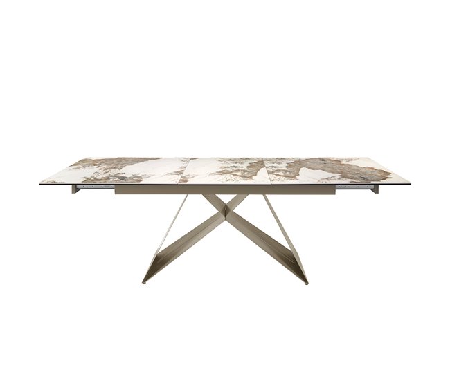 Mesa comedor extensible rectangular mármol porcelánico y acero color champagne Blanco/ Rojo