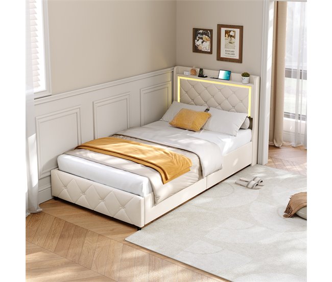 Cama LED, elevación gas, carga USB Beige