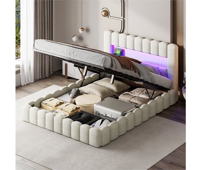 Cama con cabecero LED, cama acolchada con almacenaje 153x220 Beige