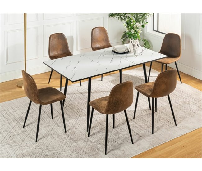Conjunto de mesa extensible efecto mármol y 6 sillas Marron
