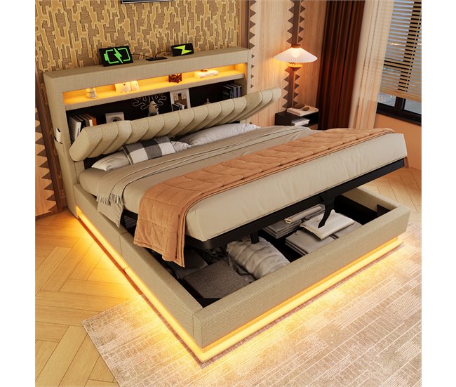 Cama de matrimonio de lino con almacenaje 142x218 Beige