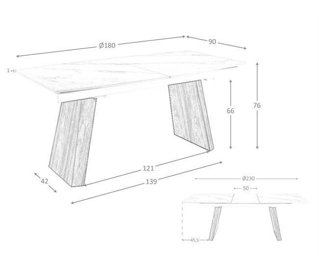 ANGEL CERDA Mesa comedor extensible ovalada barril mármol porcelánico y nogal 230x90 Nogal