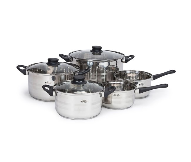 Set Juego de tres sartenes +  Batería de cocina 8 piezas Multicolor