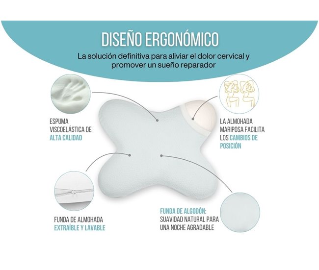 Almohada Mariposa Plana Viscoelástica Funda Algodón Blanco
