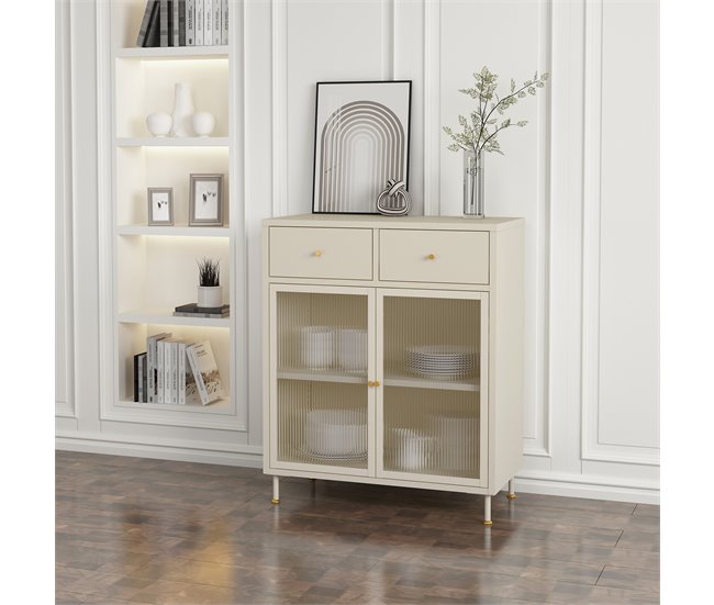 Aparador Lindau con 2 cajones puerta de cristal [en.casa] Crema