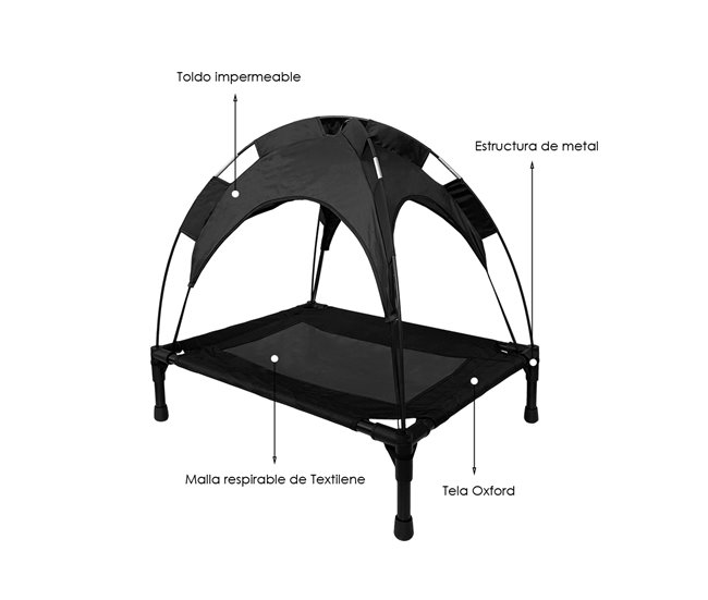 Acomoda Textil – Cama para Perros Elevada con Toldo Impermeable. Negro