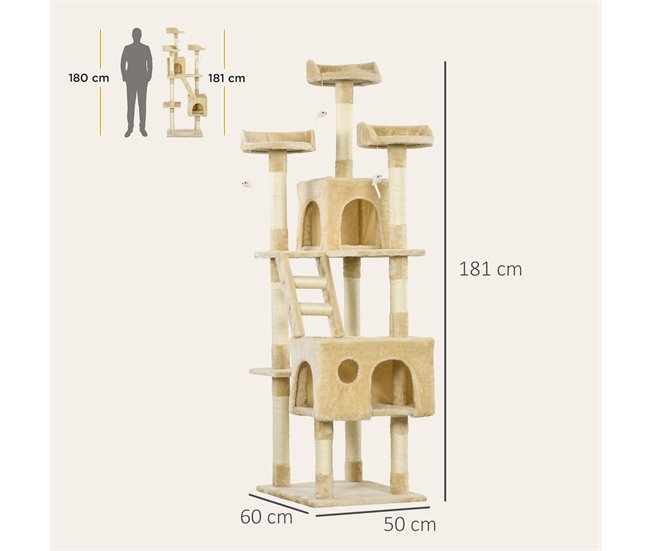 Árbol para Gatos Tablero Madera Aglomerado, Felpa y Sisal PawHut Beige