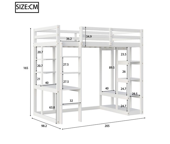 Cama alta para niños 98x205 Blanco
